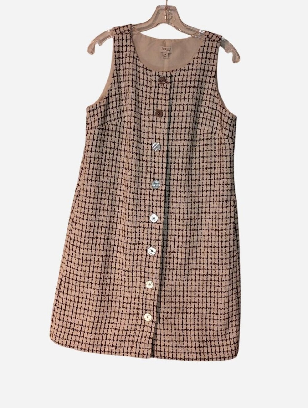 J.Crew Tweed Shift Dress Size 8 Sleeveless Button Front Plaid Cream Black